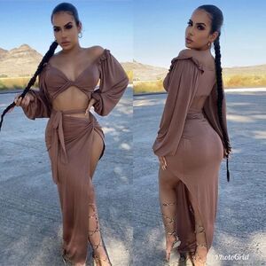 Brown High Slit Knot Skirt and Ruffle Wrap Tie Crop Top Vacation Co-Ord Set